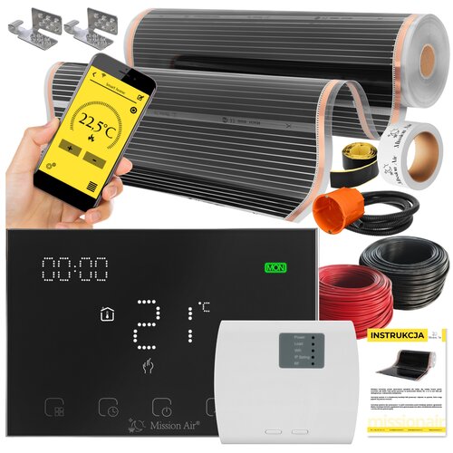 Folia grzewcza na podczerwień MISSION AIR 160 W/m2 Black Silver PTC 3,5m2 (3.5m x 100cm) + regulator Gemini Czarny Wi-Fi