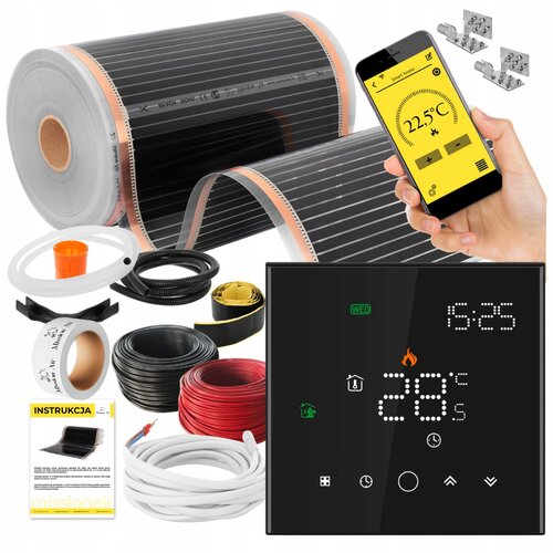 Folia grzewcza na podczerwień MISSION AIR Black Silver PTC 160W/m2 16m² szer. 50cm + regulator Leo Czarny Wi-Fi