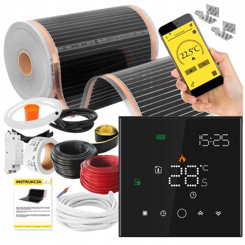 Folia grzewcza na podczerwień MISSION AIR Black Silver PTC 160W/m2 28m² szer. 50cm + regulator Leo Czarny Wi-Fi