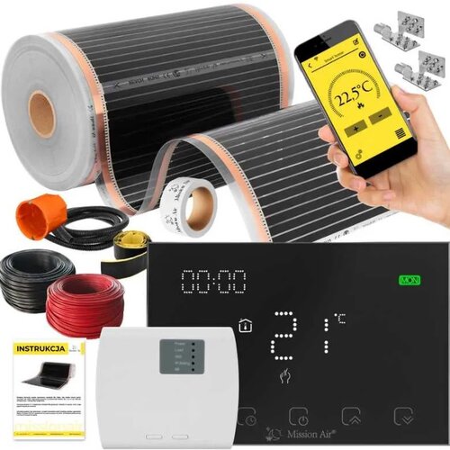 Folia grzewcza pod panele MISSION AIR MAL-160 W/m2 Black Silver 5 m2 (10 m x 50 cm) + regulator Gemini Czarny WiFi