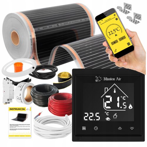 Folia grzewcza na podczerwień MISSION AIR Black Silver PTC 160W/m2 26m² szer. 50cm + regulator Libra Czarny Wi-Fi