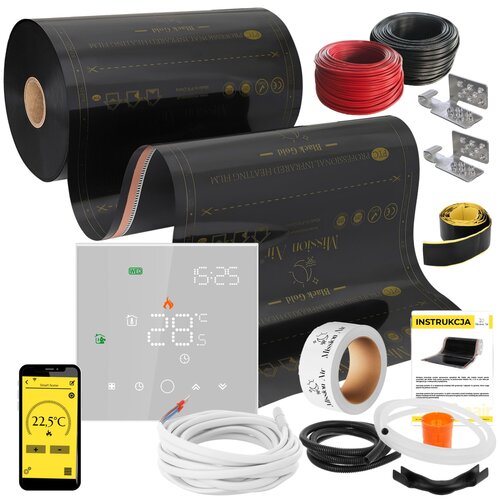 Folia grzewcza na podczerwień MISSION AIR 160 W/m2 Black Gold PTC 4m2 (8m x 50cm) + regulator Leo Biały Wi-Fi