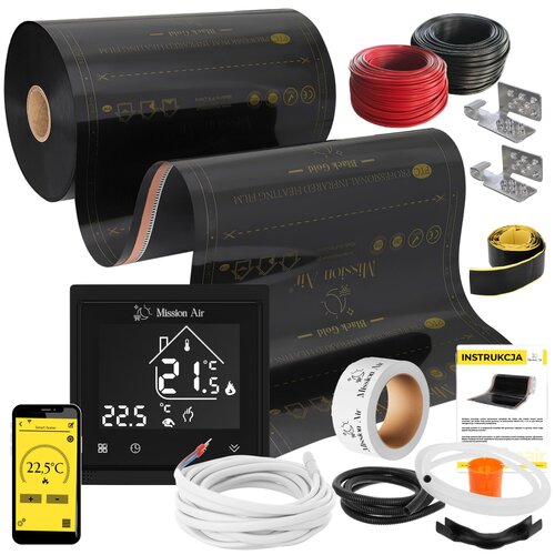 Folia grzewcza na podczerwień MISSION AIR 160 W/m2 Black Gold PTC 4m2 (8m x 50 cm) + regulator Libra Czarny Wi-Fi