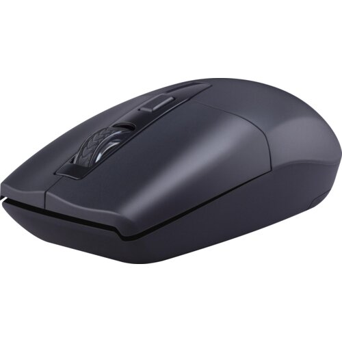 Czarna mysz komputerowa o ergonomicznym kształcie z widocznym przyciskiem i rolką przewijania na górze. Powierzchnia myszy jest matowa, a jej design jest nowoczesny i minimalistyczny.