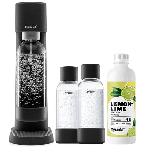 Saturator MYSODA Woody WD002F-B Czarny + Butelka MYSODA 2PB905F-B Czarny (2 sztuki) + Syrop MYSODA Cytrynowo-limonkowy 500 ml