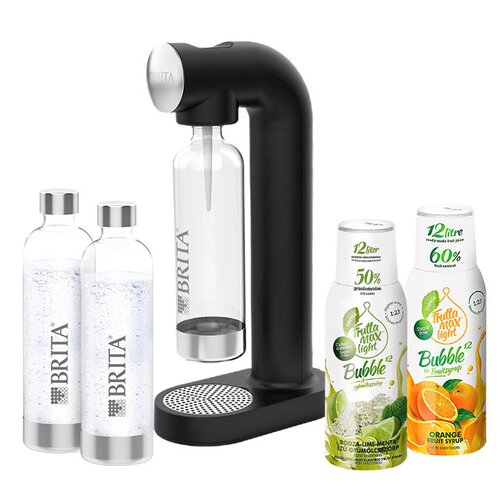 Saturator BRITA Sodaone Czarny + Syropy FRUTTAMAX Light Limonka Mięta, Pomarańcza bez cukru 2 x 500 ml + Butelka BRITA SodaOne (3 sztuki)