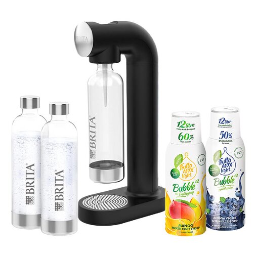 Saturator BRITA Sodaone Czarny + Syropy FRUTTAMAX Light Borówka, Mango bez cukru 2 x 500 ml + Butelka BRITA SodaOne 1049253 (2 sztuki)