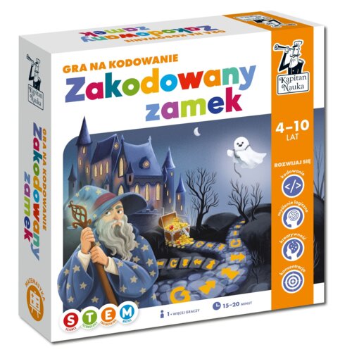 Pudełko gry planszowej "Gra na kodowanie Zakodowany zamek" przedstawia ilustrację zamku z czarodziejem i duchem na tle nocnego nieba. Na opakowaniu widnieje logo "Kapitan Nauka" oraz informacje: "4-10 lat", "1+ więcej graczy", "15-20 minut", a także ikony