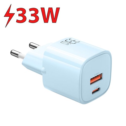 Niebieska ładowarka sieciowa z dwoma portami: USB-A i USB-C, z widocznym napisem "33W" w kolorze czerwonym. Na obudowie ładowarki znajduje się logo producenta.