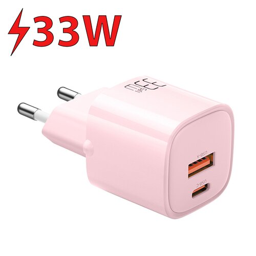 Różowa ładowarka sieciowa z dwoma portami: USB-A i USB-C, z widocznym napisem "33W" oraz symbolem błyskawicy. Na obudowie znajduje się logo producenta.