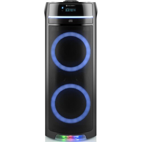 Czarny głośnik z dwoma dużymi, podświetlanymi na niebiesko okręgami na przednim panelu, wyświetlaczem pokazującym napis "BLUETOOTH" oraz logo "GOGEN" na górze. Na dole widoczne są kolorowe światła LED.