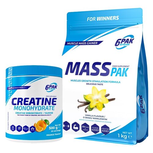 Gainer 6PAK Mass Pak Waniliowy (1000 g) + Monohydrat kreatyny 6PAK Pomarańczowy (500 g)
