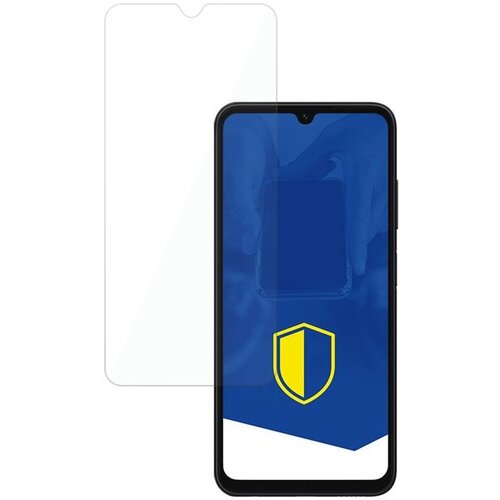 Na zdjęciu widoczne jest szkło hartowane obok smartfona z niebieskim ekranem, na którym znajduje się żółto-niebieska tarcza. Produkt to "Szkło hartowane 3MK HardGlass do Samsung Galaxy A05s".
