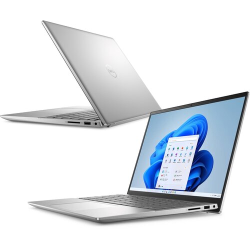 Srebrny laptop z logo "Dell" na pokrywie, przedstawiony w dwóch ujęciach: jeden z otwartym ekranem wyświetlającym interfejs systemu Windows 11, drugi z widocznymi portami bocznymi.