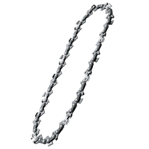 Na zdjęciu widoczny jest metalowy łańcuch o ostrych zębach, ułożony w owalny kształt. Produkt to "Łańcuch BOSCH F016800624".