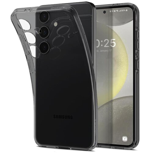 Przezroczysto-szare etui SPIGEN Liquid Crystal jest nałożone na czarny telefon Samsung Galaxy S24+. Na ekranie telefonu widoczna jest godzina 10:25 oraz data: środa, 17 stycznia.