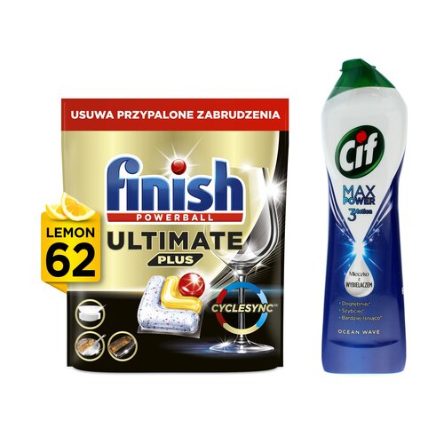Kapsułki do zmywarek FINISH Powerball Ultimate Plus All in 1 Lemon - 62 szt. + Mleczko do czyszczenia armatury CIF Max Power OceanWave 693 ml