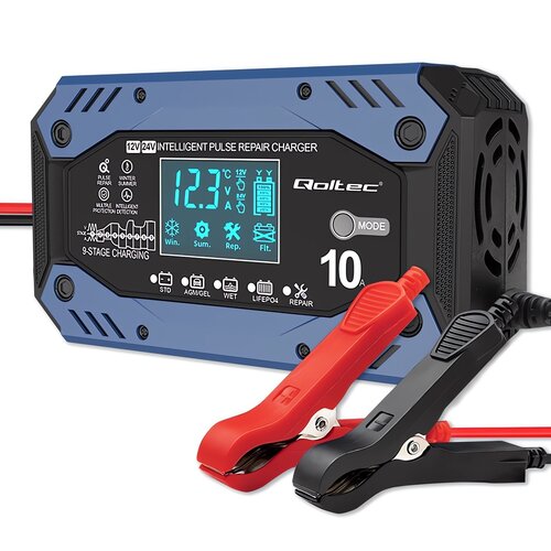 Inteligentna ładowarka QOLTEC 52482 do akumulatorów STD AGM GEL LIFEPO4 12-24V 10A LCD