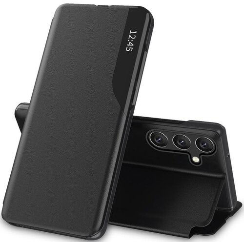 Czarne, matowe etui TECH-PROTECT Flip View Pro do Samsung Galaxy A05s jest przedstawione w dwóch pozycjach: zamkniętej i otwartej. Na przedniej części etui widoczny jest wyświetlacz z godziną "12:45", a w otwartej pozycji widać miejsce na aparat z trzema 