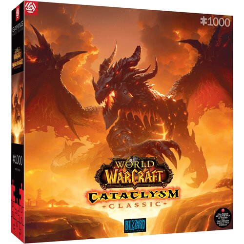 Na zdjęciu znajduje się pudełko puzzli z grafiką przedstawiającą smoka na tle ognistego nieba, z napisem "World of Warcraft Cataclysm Classic" oraz logo Blizzard. W lewym górnym rogu widnieje logo producenta, a w prawym górnym rogu liczba elementów: "1000