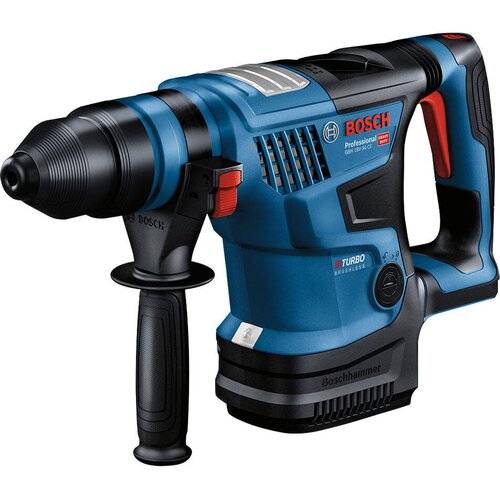 Na zdjęciu znajduje się niebiesko-czarna młotowiertarka z logo "BOSCH" oraz napisami "Professional GBH 18V-34 CF" i "TURBO BRUSHLESS". Urządzenie ma ergonomiczny uchwyt i dodatkową rękojeść, a na obudowie widoczne są kratki wentylacyjne.