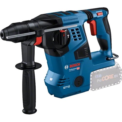Na zdjęciu znajduje się niebiesko-czarny młot udarowo-obrotowy z czerwonymi akcentami, z widocznym logo "Boschhammer" oraz napisami "BOSCH Professional GBH 18V-28 C" i "BRUSHLESS". Na baterii widoczny jest napis "ProCORE 18V".