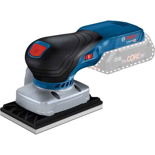 Na zdjęciu znajduje się szlifierka oscylacyjna w kolorze niebiesko-czarnym z czerwonym przyciskiem na górze. Widoczne napisy to: "BOSCH Professional", "ProCORE 18V", "4.0".