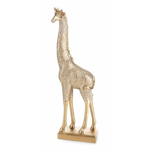 Złota figurka dekoracyjna przedstawiająca żyrafę, o wymiarach 8 x 13 x 36 cm, stoi na prostokątnej podstawie. Powierzchnia figurki ma teksturowany wzór, który dodaje jej elegancji.