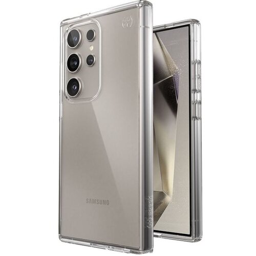 Przezroczyste etui na telefon, zaprojektowane dla modelu Samsung Galaxy S24 Ultra, ukazuje tylną część urządzenia z widocznymi aparatami fotograficznymi. Na etui znajduje się logo "Speck", a na telefonie widoczny jest napis "Samsung".