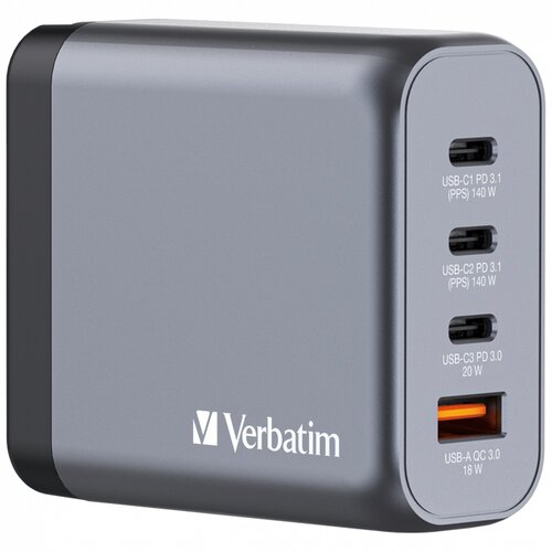 Ładowarka sieciowa VERBATIM GNC-140 GaN 140W + Adapter EU/UK/US Szary