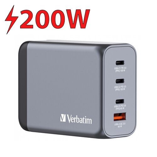 Ładowarka sieciowa VERBATIM GNC-200 GaN 200W + Adapter EU/UK/US Szary
