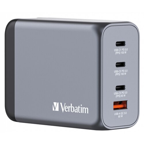 Ładowarka sieciowa VERBATIM GNC-200 GaN 200W + Adapter EU/UK/US Szary