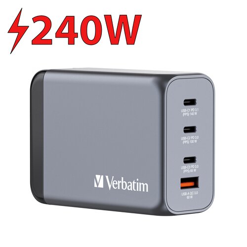 Ładowarka sieciowa VERBATIM GNC-240 GaN 240W  + Adapter EU/UK/US Szary