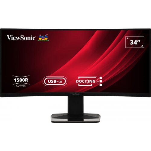 Na zdjęciu widoczny jest zakrzywiony monitor marki ViewSonic z ekranem o przekątnej 34 cale, na którym wyświetlane są informacje: "1500R Curved", "USB-C", "Docking" oraz "34"". Tło ekranu jest czerwone z białymi napisami, a logo ViewSonic znajduje się w lewym górnym rogu.