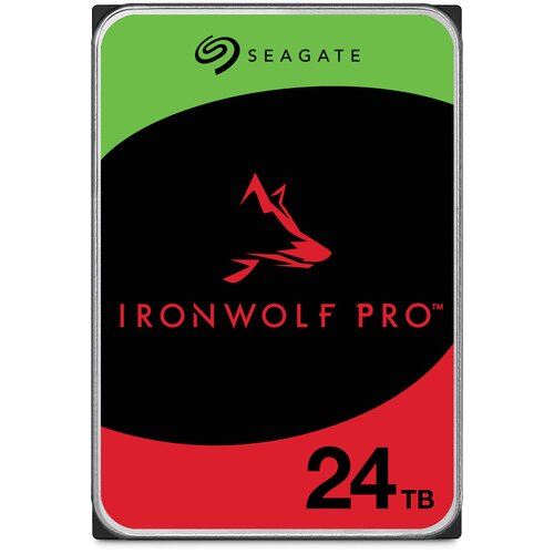 Na zdjęciu widoczny jest dysk twardy z logo "SEAGATE" na zielonym tle, poniżej znajduje się czarny obszar z czerwonym logo wilka i napisem "IRONWOLF PRO", a na dole czerwony pasek z oznaczeniem pojemności "24TB".