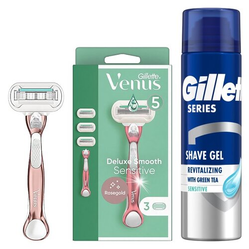 Golarki GILLETTE Venus Deluxe Smooth Sensitive + 3 Ostrza + Żel do golenia GILLETTE Z zieloną herbatą 200 ml