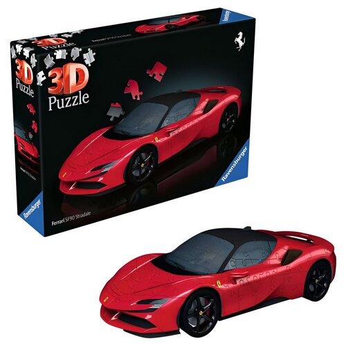 Pudełko przedstawia czerwony model samochodu sportowego z napisem "3D Puzzle" oraz "Ferrari SF90 Stradale". Na opakowaniu widnieje logo "Ravensburger", a obok znajduje się złożony model samochodu z puzzli 3D.