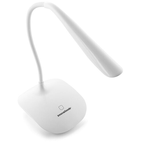 Biała lampka biurkowa o nowoczesnym designie z elastycznym ramieniem i zaokrągloną podstawą, na której widnieje logo "InnovaGoods".