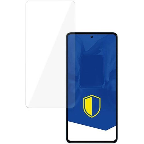 Na zdjęciu widoczne jest szkło hartowane obok smartfona z niebieskim ekranem, na którym znajduje się żółta tarcza. Produkt to "Szkło hartowane 3MK HardGlass do Xiomi Redmi Note 12 4G".