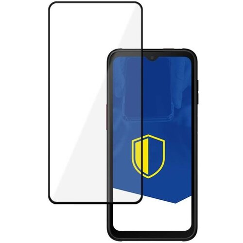 Na zdjęciu widoczne jest szkło hartowane 3MK HardGlass Max Lite, które jest przeznaczone do telefonu Samsung Galaxy XCover 7. Szkło jest umieszczone obok telefonu, na ekranie którego widoczna jest niebieska grafika z żółtą tarczą.
