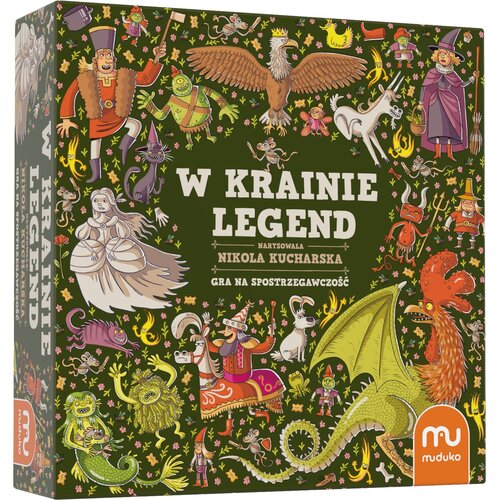 Na zdjęciu znajduje się pudełko gry planszowej ozdobione ilustracjami postaci z baśni i legend, w tym smoków, czarownic i innych fantastycznych stworzeń. Na środku widnieje tekst: "W KRAINIE LEGEND, narysowała Nikola Kucharska, gra na spostrzegawczość", a