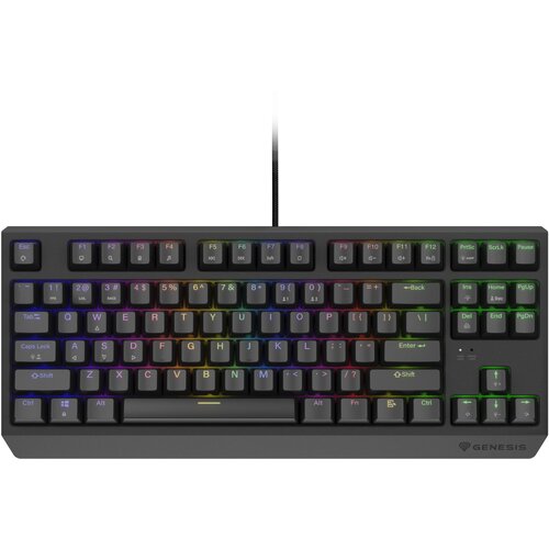 Na zdjęciu znajduje się klawiatura mechaniczna z podświetleniem RGB, posiadająca układ klawiszy bez bloku numerycznego. Widoczne jest logo "GENESIS" w prawym dolnym rogu klawiatury.