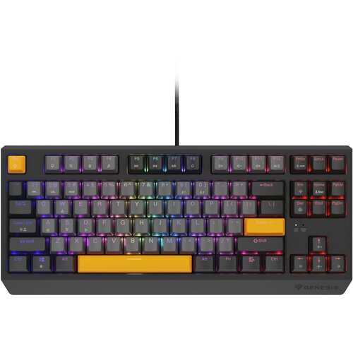 Klawiatura mechaniczna z podświetleniem RGB, posiadająca klawisze w różnych kolorach, w tym żółte klawisze Escape, Spacja i Enter. Na dolnej części obudowy widoczne jest logo "GENESIS".