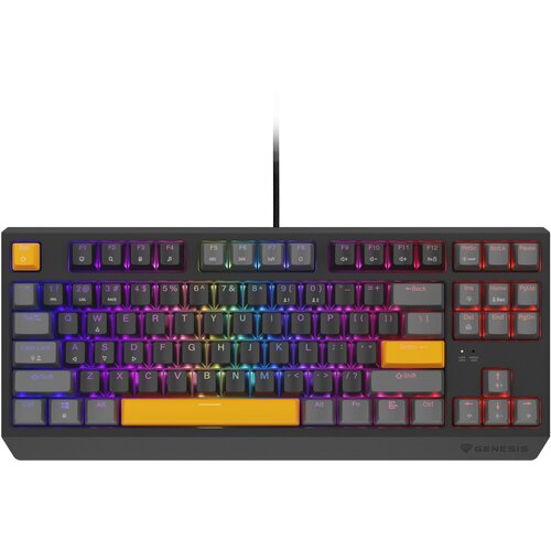 Klawiatura mechaniczna z podświetleniem RGB, posiadająca klawisze w różnych kolorach, w tym pomarańczowy klawisz "Esc" i "Spacja". Na obudowie widoczne jest logo "Genesis".