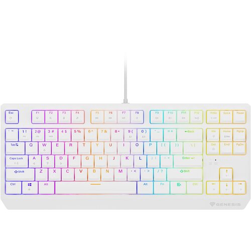 Biała klawiatura mechaniczna z podświetleniem RGB, posiadająca klawisze funkcyjne od F1 do F12 oraz standardowy układ QWERTY. Na dolnej części klawiatury widoczne jest logo "GENESIS".