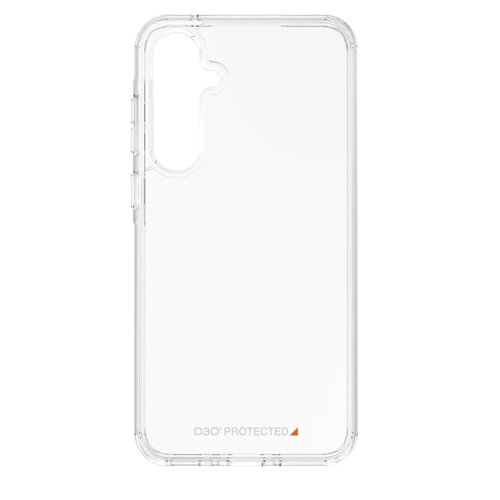 Przezroczyste etui na telefon z wycięciem na aparat, wykonane z materiału D3O. Na dole etui znajduje się napis "D3O PROTECTED" z pomarańczowym trójkątem.