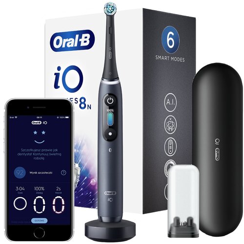 Szczoteczka magnetyczna ORAL-B iO 8 Czarny + Pasta do zębów HAPPYBRUSH 155931 75 ml + Płyn do płukania jamy ustnej BIO MADENT Wybielający Konopny 500 ml + Nić dentystyczna ORAL-B Essential Floss (50 m)