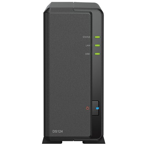 Czarny serwer plików z widocznymi trzema zielonymi diodami oznaczonymi jako "STATUS", "LAN" i "DISK", oraz przyciskiem zasilania z czerwoną ikoną. Na obudowie znajduje się napis "DS124".