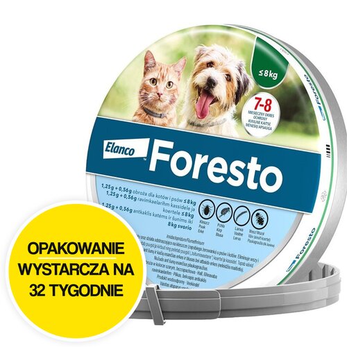 Obroża FORESTO przeciw kleszczom i pchłom dla psów i kotów do 8 kg (38 cm) Ochrona przez 32 tygodnie