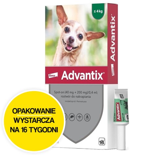 Krople na pchły i kleszcze ELANCO Advantix Spot-on Bardzo małe psy (do 4 kg) 4 x 0.4 ml Ochrona przez 16 tygodni